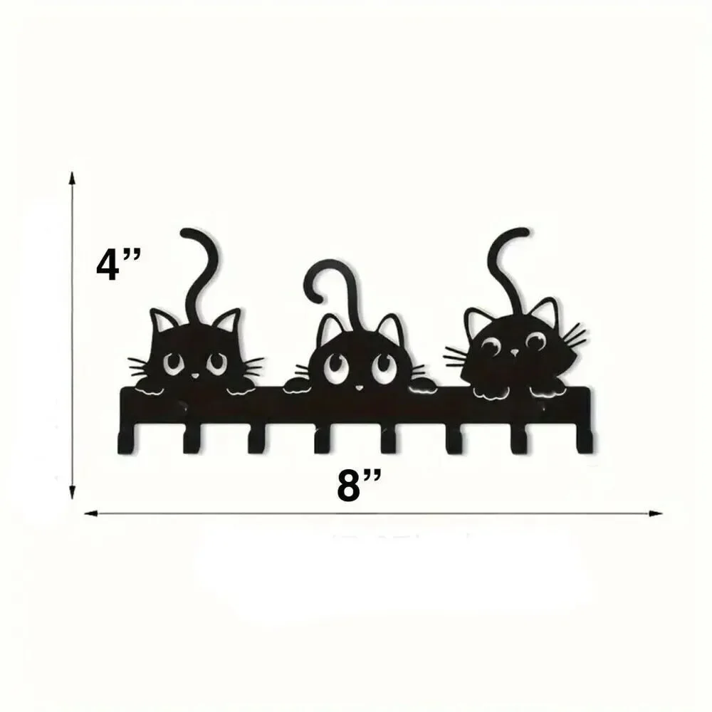 NWT Gorgeous 3 Black Cats Design Metalic 8 Hooks Wall Mount Key Holder Organizer